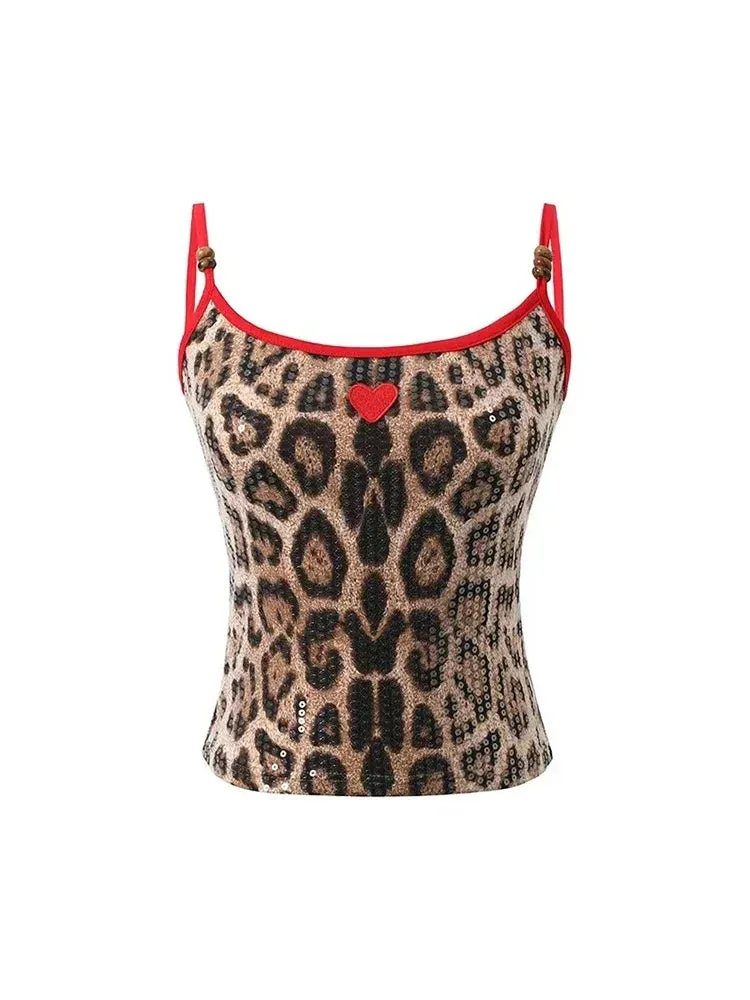 Girlary Summer Women American Vintage Y2k Gyaru Leopard Print Camisole Coquette Halter Top Grunge 2000s Aesthetic Crop Tops Streetwear