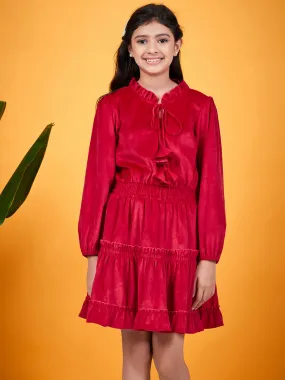 Girls Tie-Up Neck Puff Sleeves Gathered Velvet Fit Flare Dress - Ps Peaches