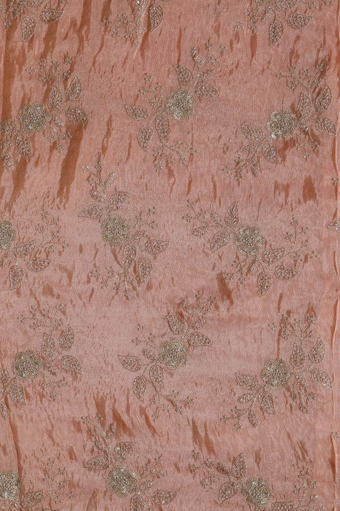 Gold Sequins And Zari Floral Embroidery Work On Peach Pure Viscose Zari Tissue Fabric