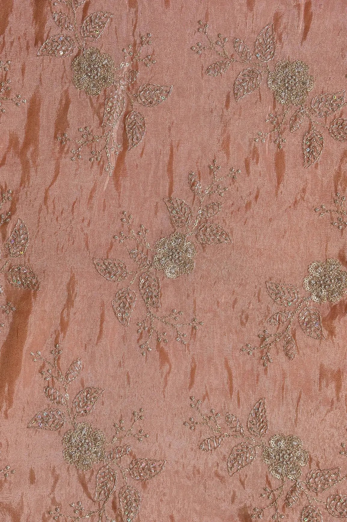 Gold Sequins And Zari Floral Embroidery Work On Peach Pure Viscose Zari Tissue Fabric