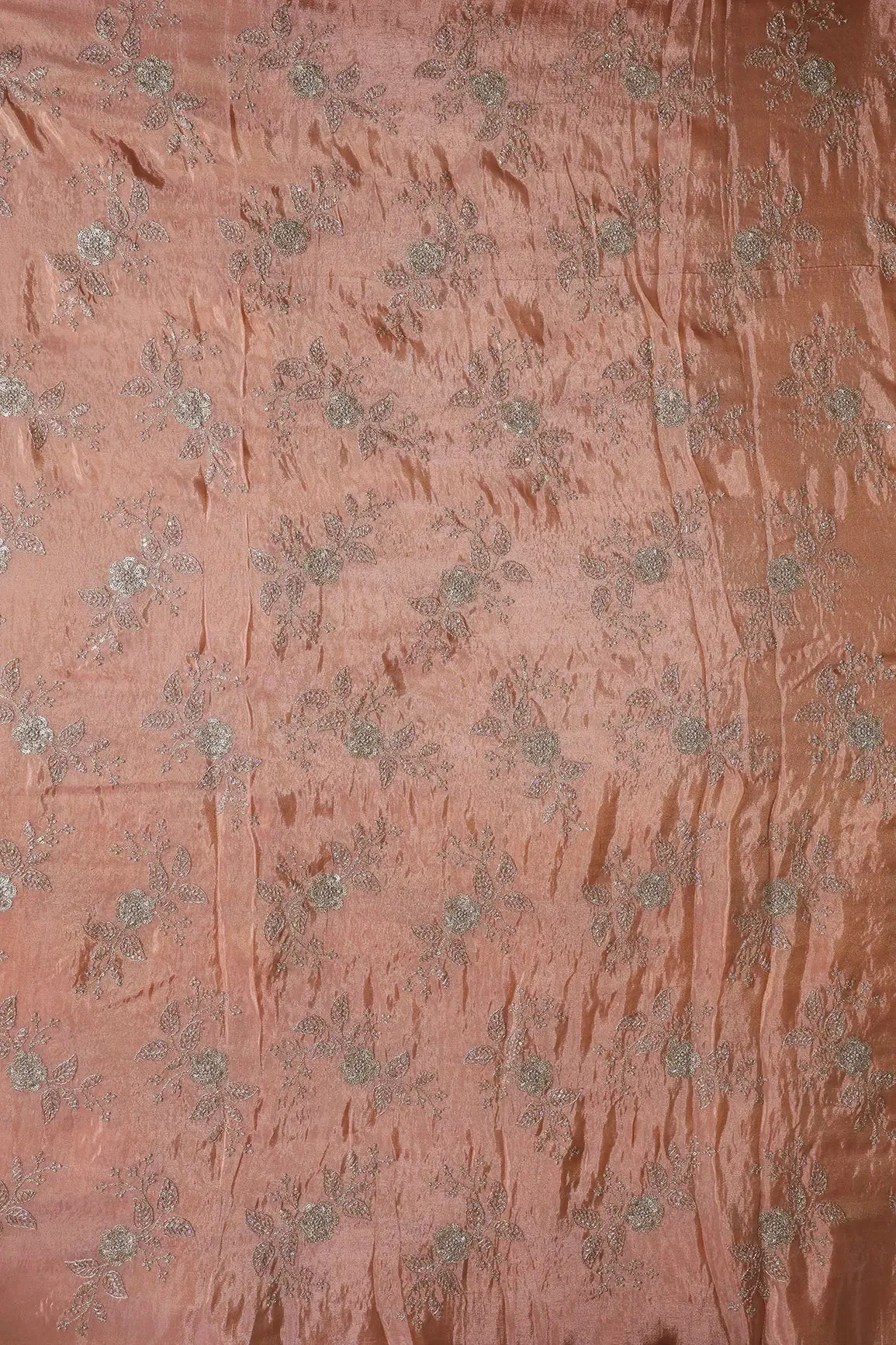 Gold Sequins And Zari Floral Embroidery Work On Peach Pure Viscose Zari Tissue Fabric