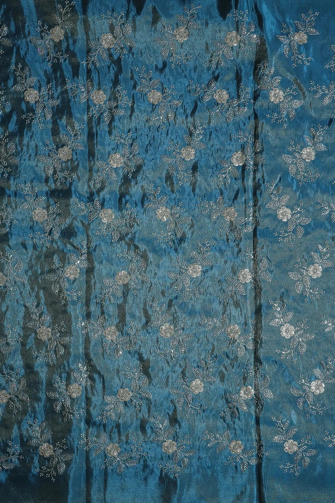 Gold Sequins And Zari Floral Embroidery Work On Turkish Blue Pure Viscose Zari Tissue Fabric