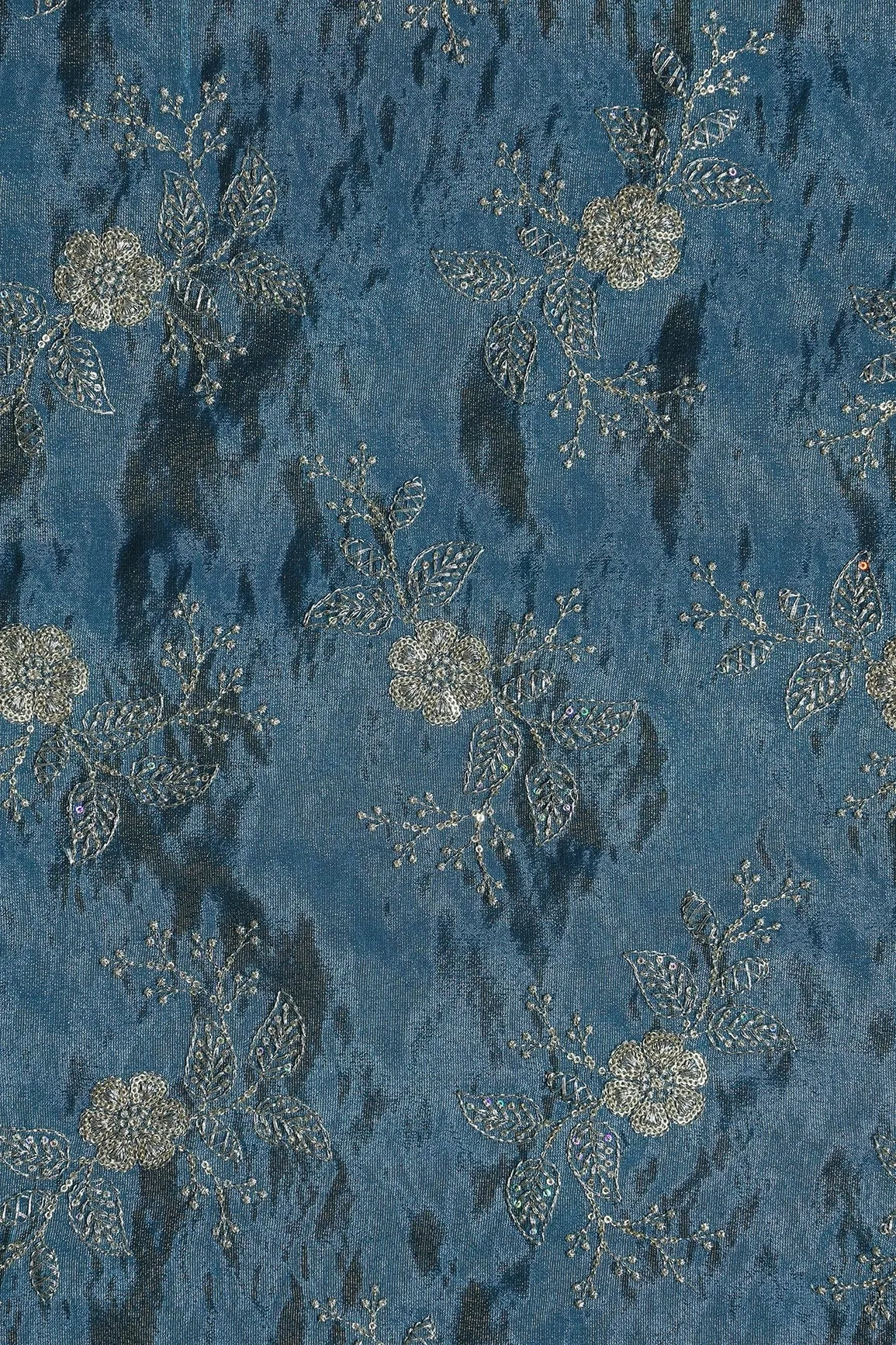 Gold Sequins And Zari Floral Embroidery Work On Turkish Blue Pure Viscose Zari Tissue Fabric