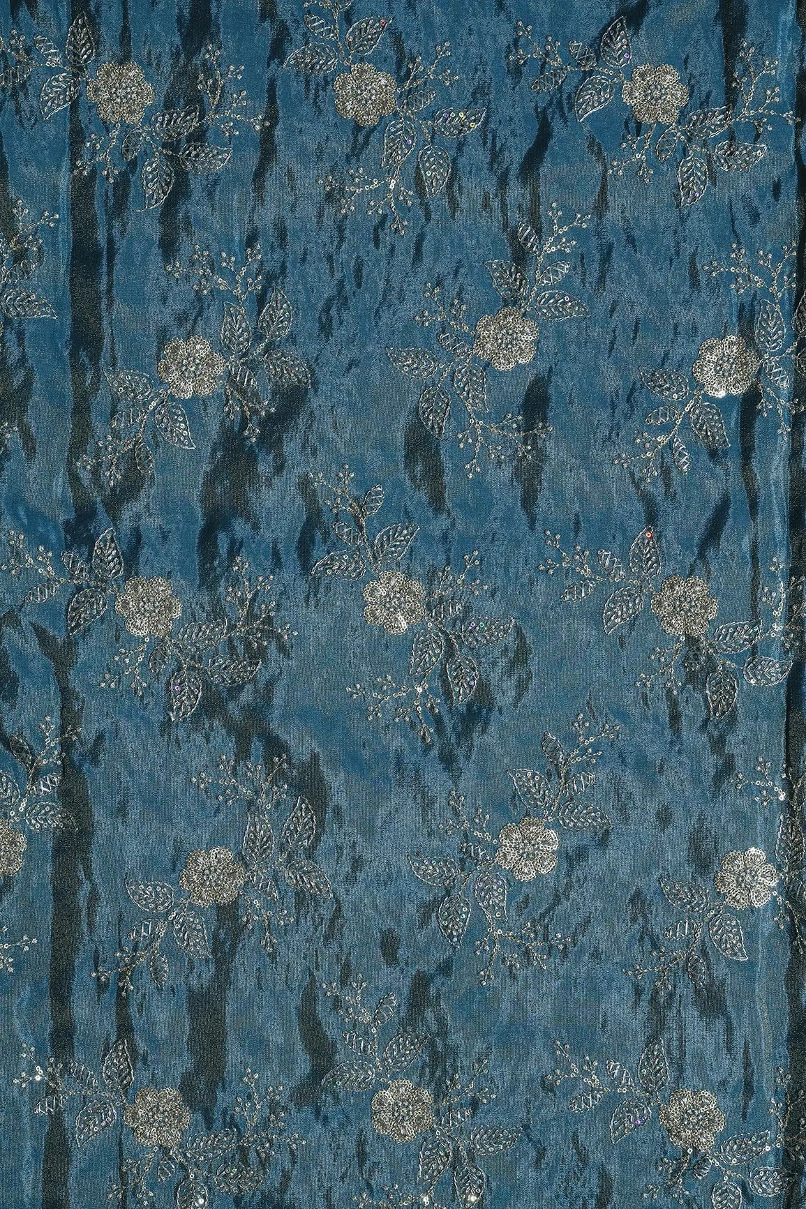 Gold Sequins And Zari Floral Embroidery Work On Turkish Blue Pure Viscose Zari Tissue Fabric