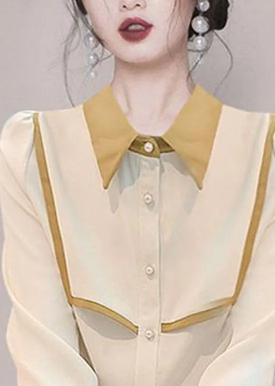 Handmade Apricot Peter Pan Collar Patchwork Chiffon Shirt Tops Spring LY0367