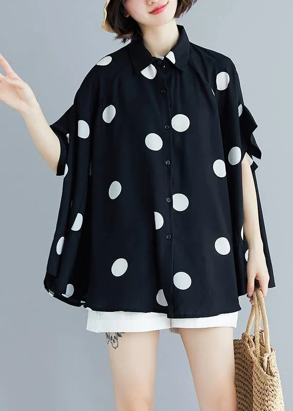 Italian black dotted chiffon tops quality Sewing lapel Art Summer shirt