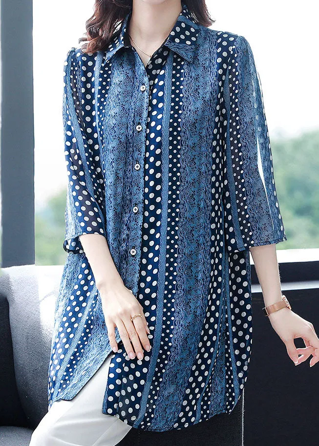 Italian Blue Peter Pan Collar Print Patchwork Chiffon Shirts Tops Bracelet Sleeve LY6686