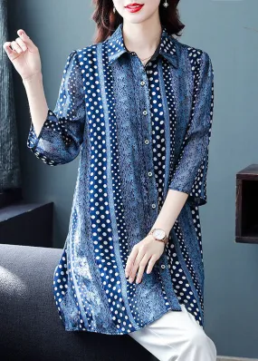 Italian Blue Peter Pan Collar Print Patchwork Chiffon Shirts Tops Bracelet Sleeve LY6686