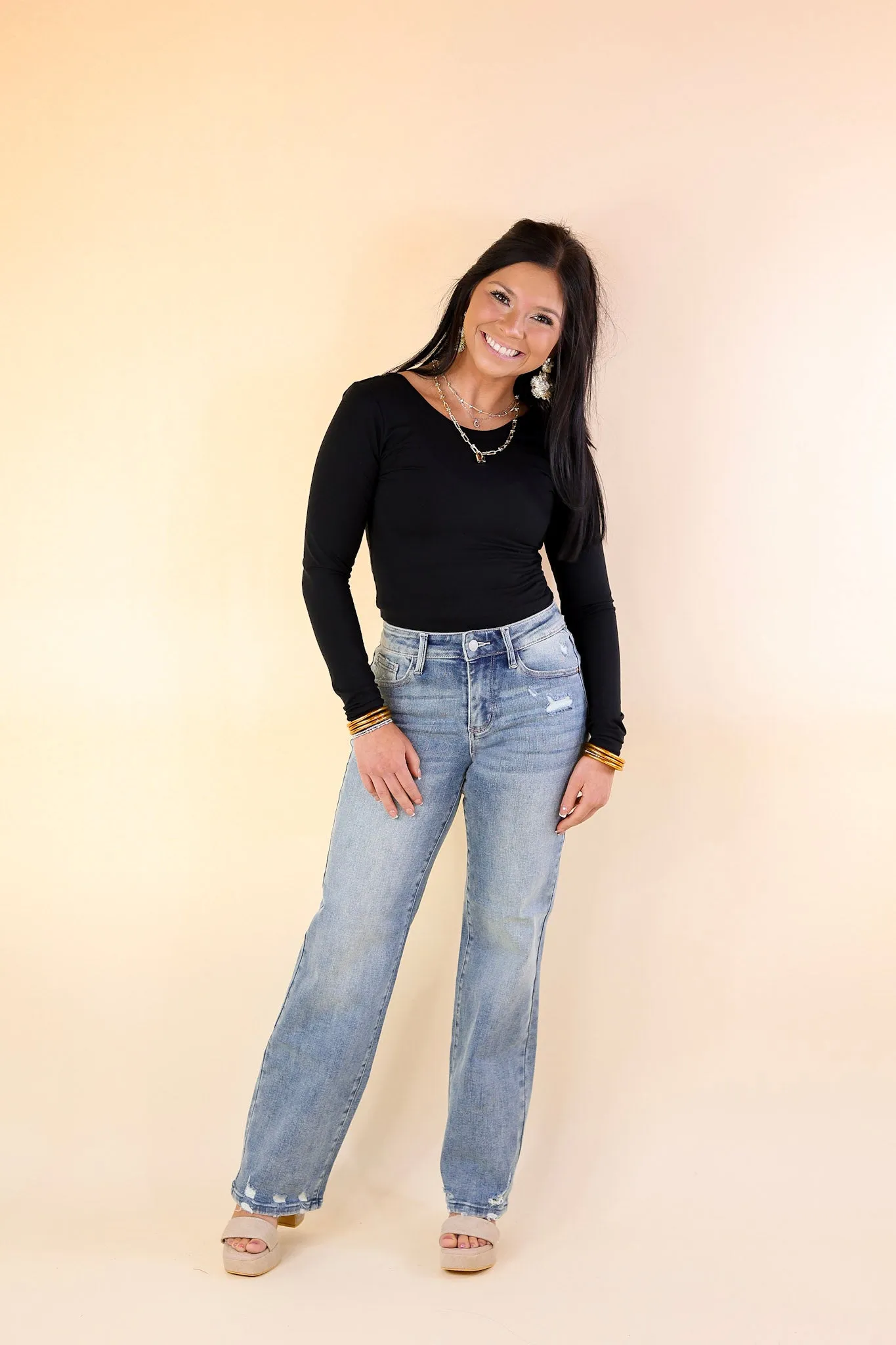 Judy Blue | Elegant Edge Straight Leg Jean with Distressed Hem in Medium Wash