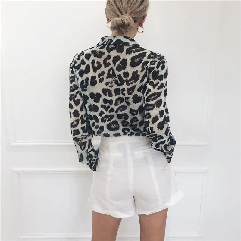 Lady Office Shirt Long Sleeve Sexy Leopard Print Blouse