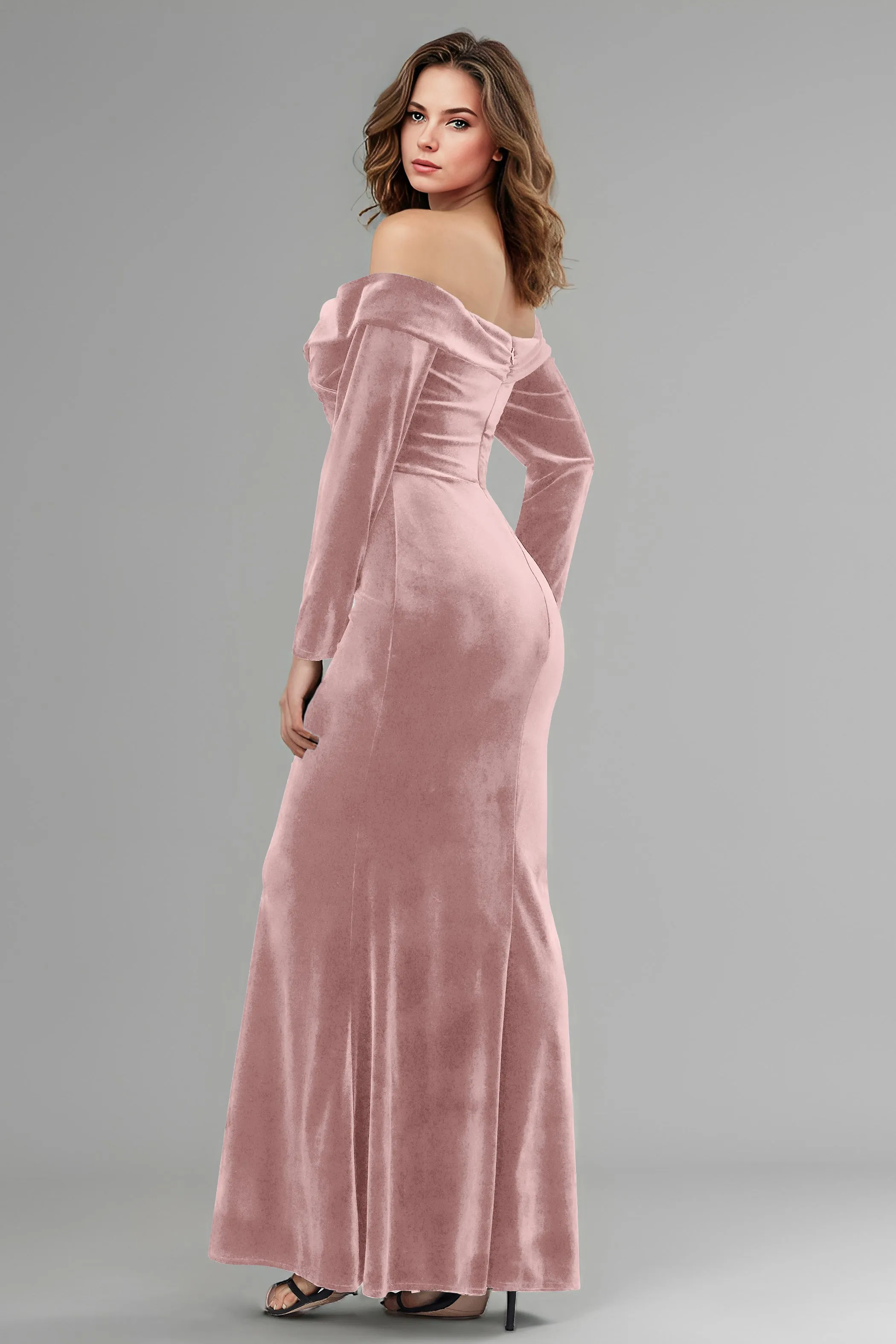 Long Sleeves Off The Shoulder Velvet Long Bridesmaid Dresses