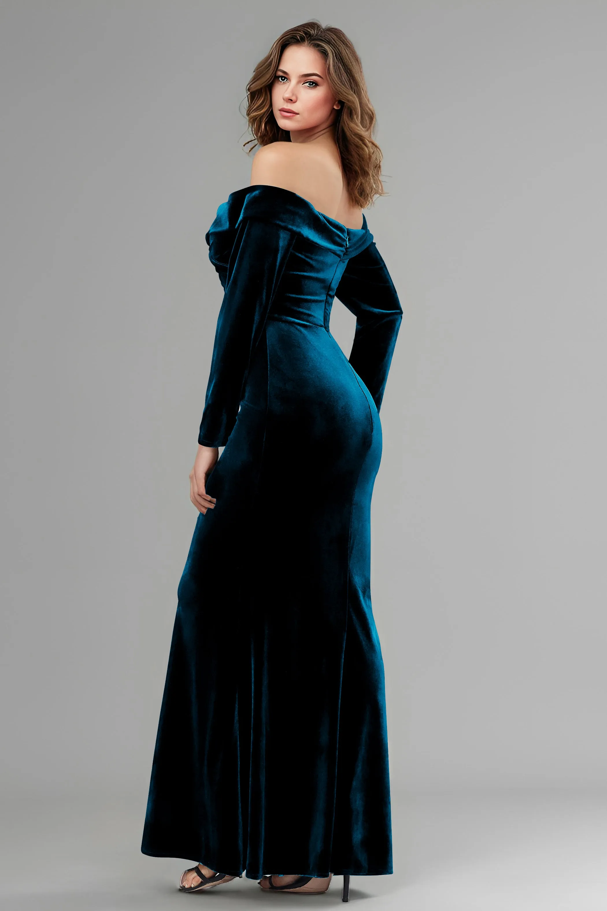 Long Sleeves Off The Shoulder Velvet Long Bridesmaid Dresses