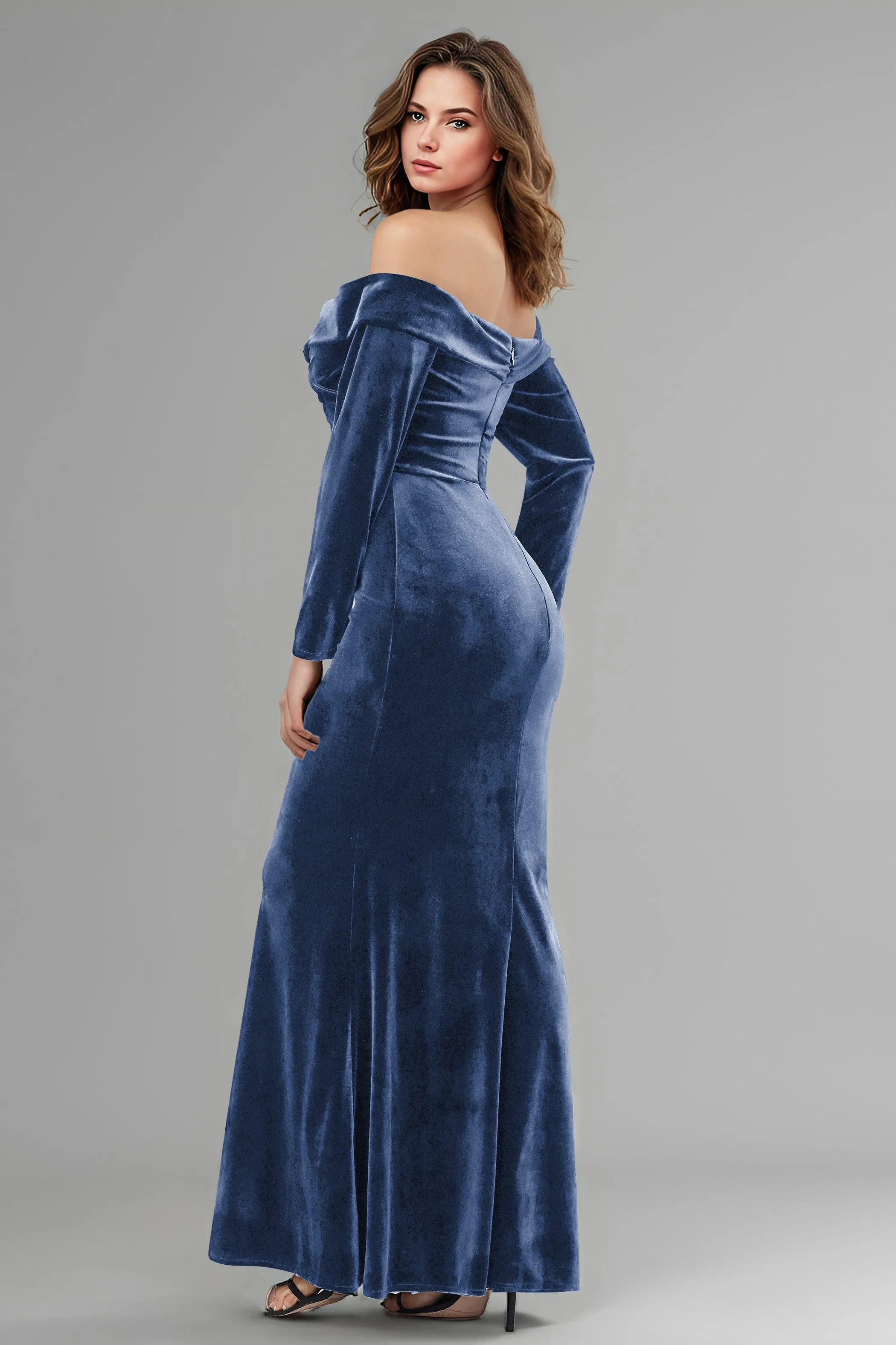 Long Sleeves Off The Shoulder Velvet Long Bridesmaid Dresses