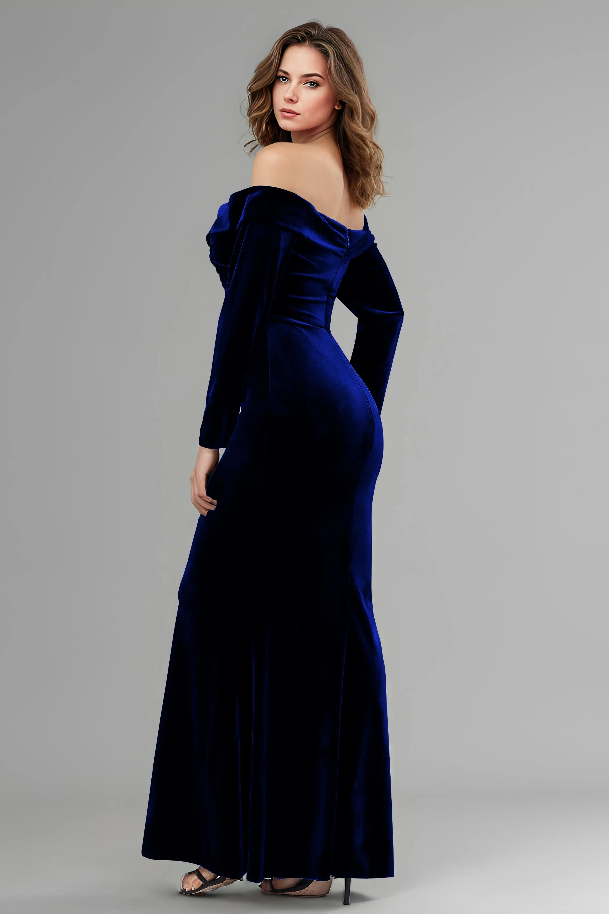 Long Sleeves Off The Shoulder Velvet Long Bridesmaid Dresses