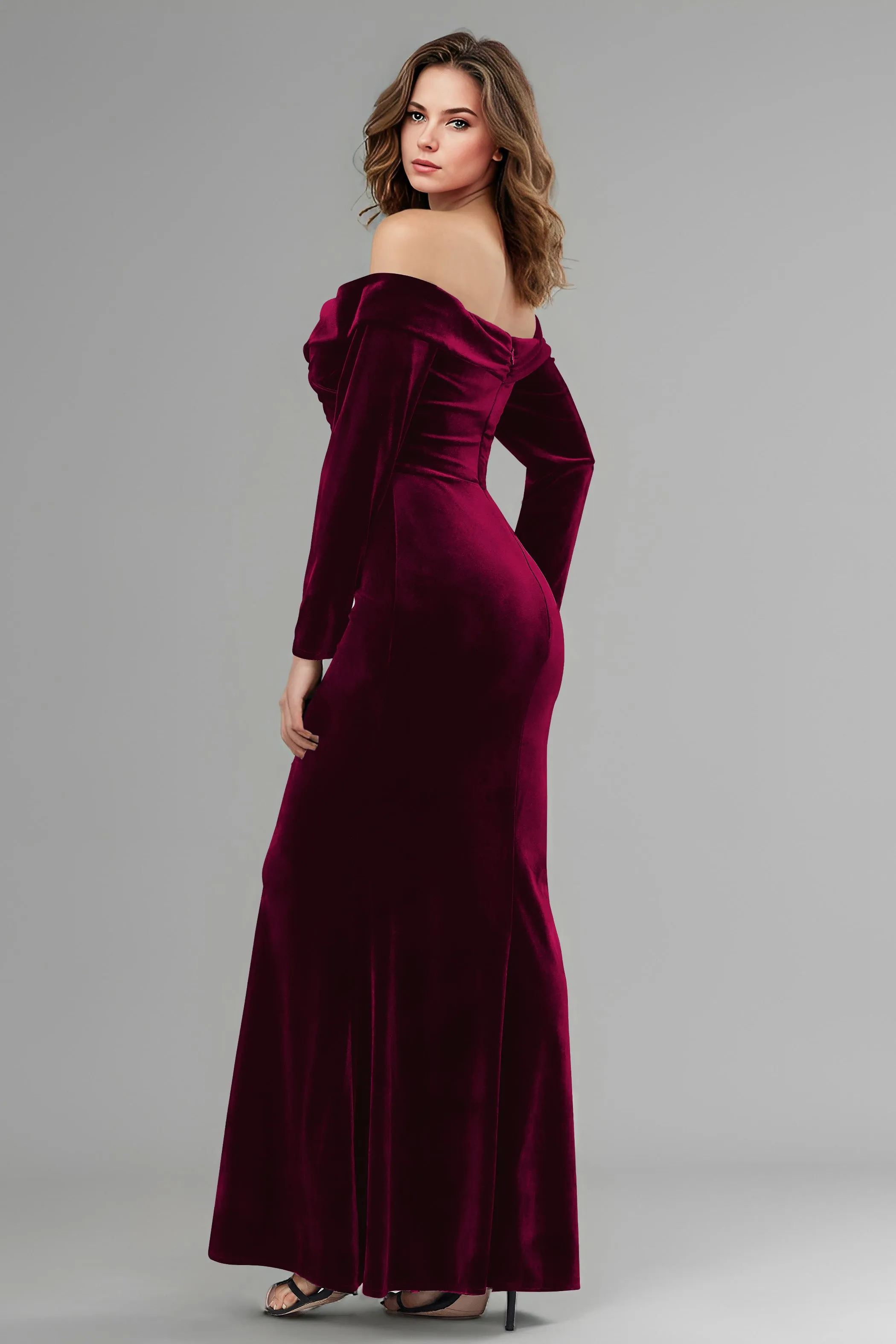 Long Sleeves Off The Shoulder Velvet Long Bridesmaid Dresses