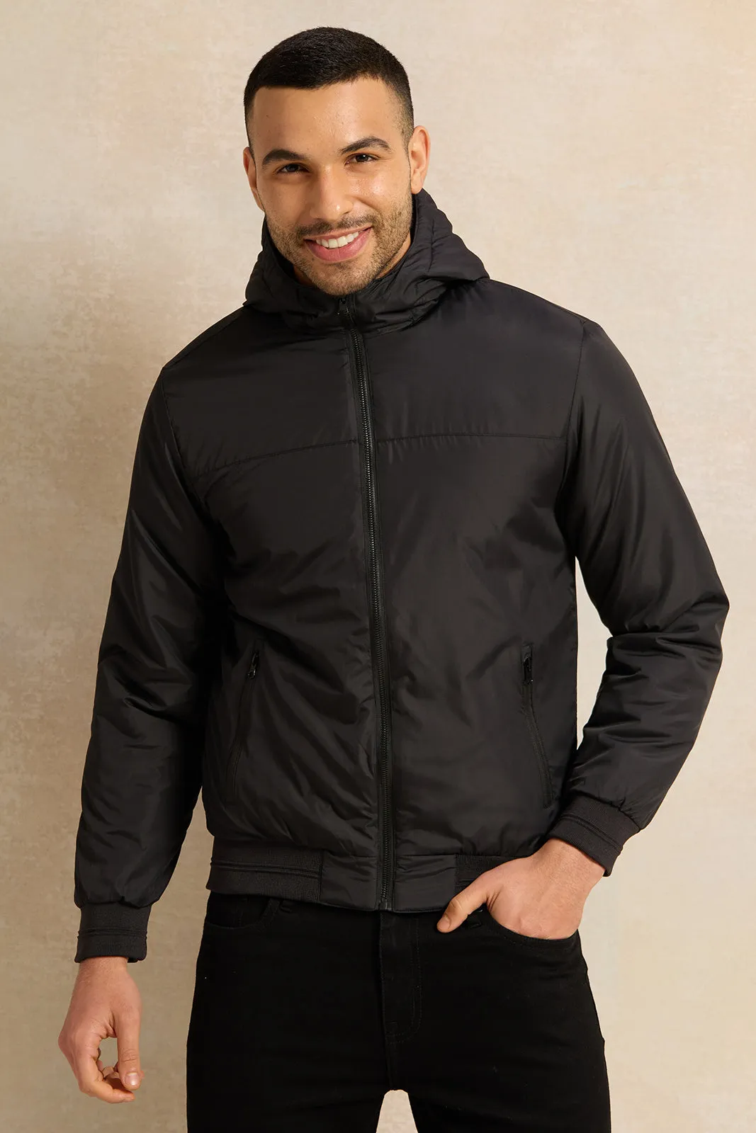 Men Black Hooded Jacket