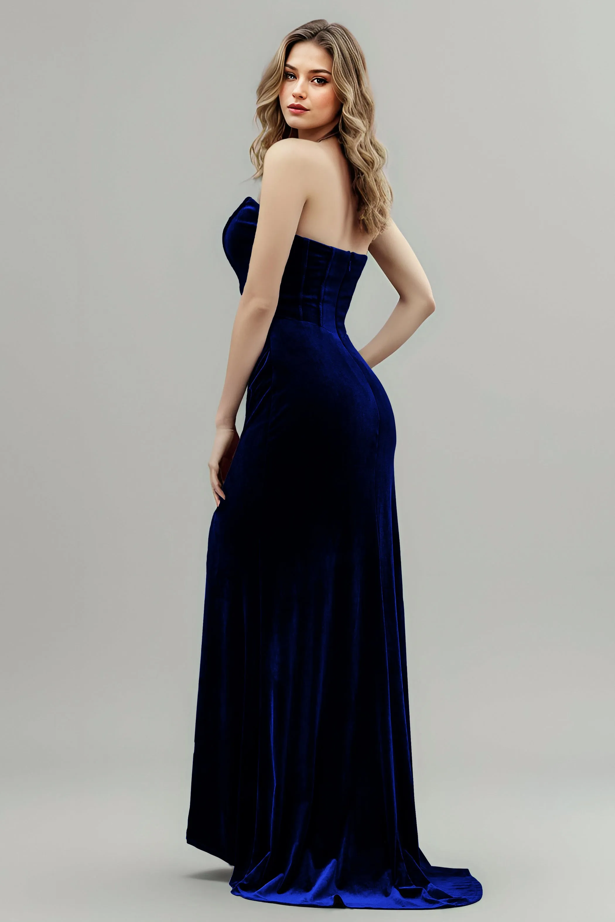 Mermaid Strapless Sleeveless Ruched Velvet Bridesmaid Dresses with Slit