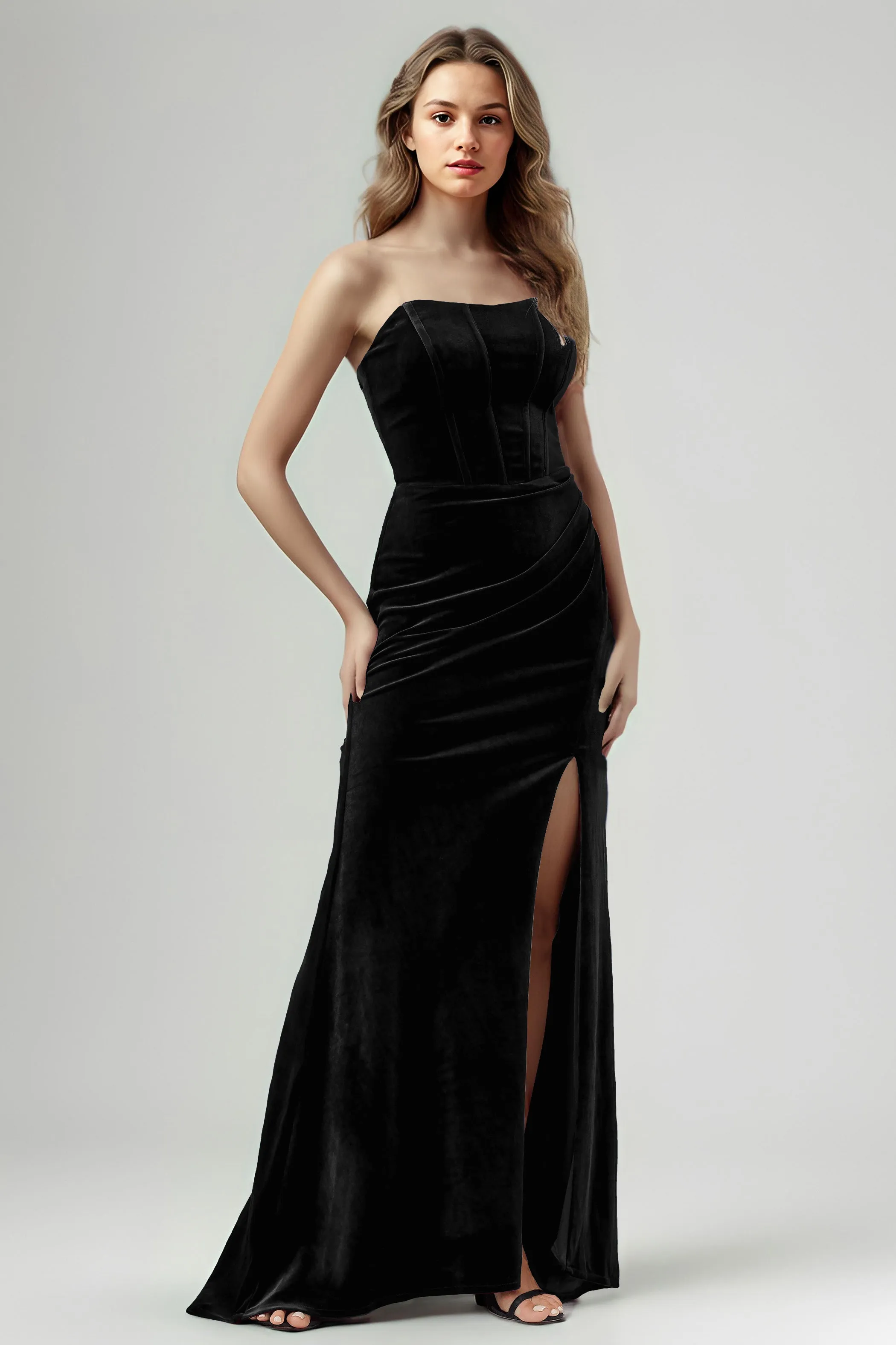 Mermaid Strapless Sleeveless Ruched Velvet Bridesmaid Dresses with Slit