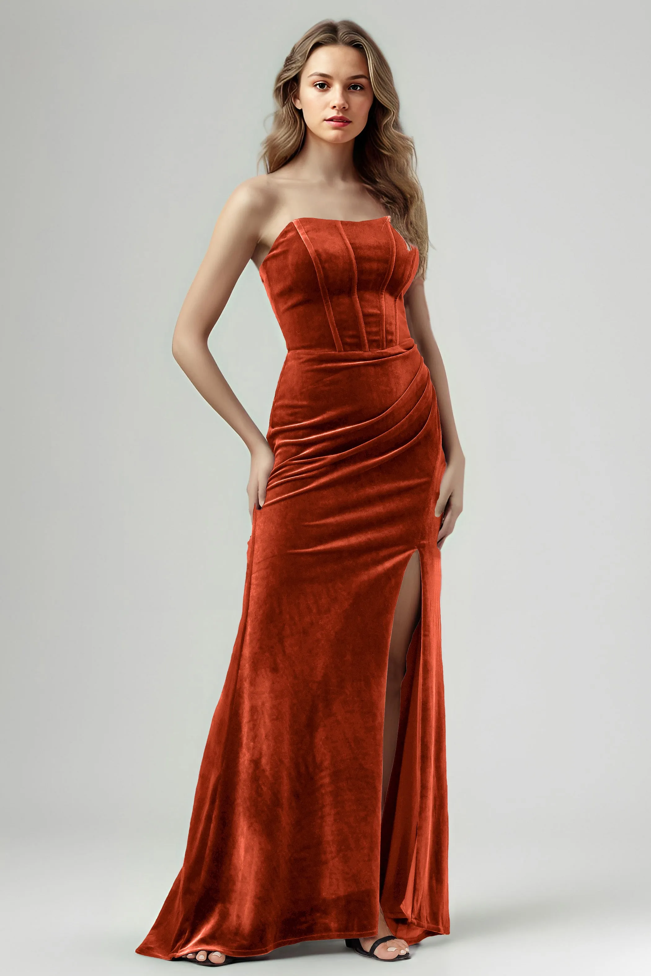 Mermaid Strapless Sleeveless Ruched Velvet Bridesmaid Dresses with Slit