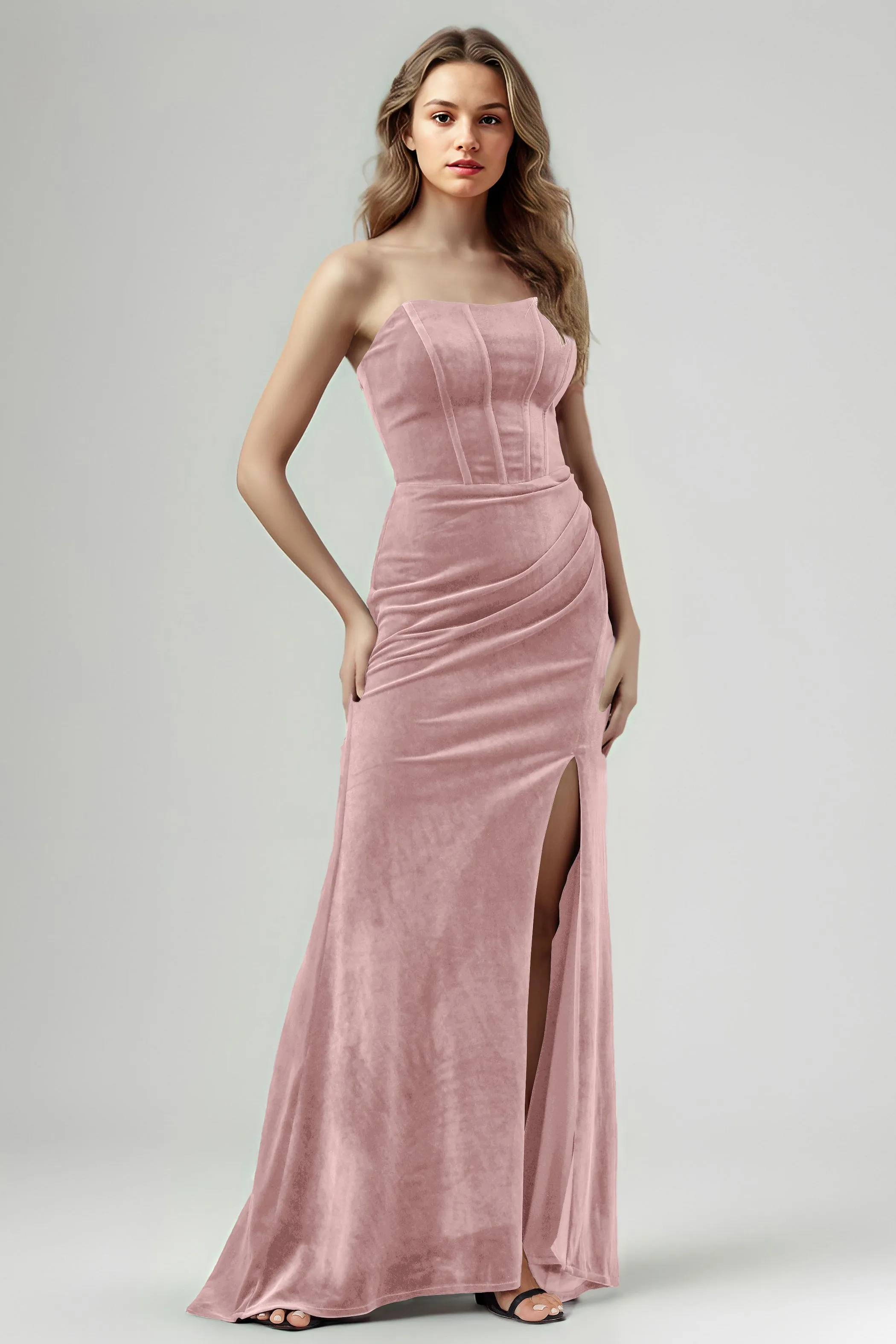 Mermaid Strapless Sleeveless Ruched Velvet Bridesmaid Dresses with Slit