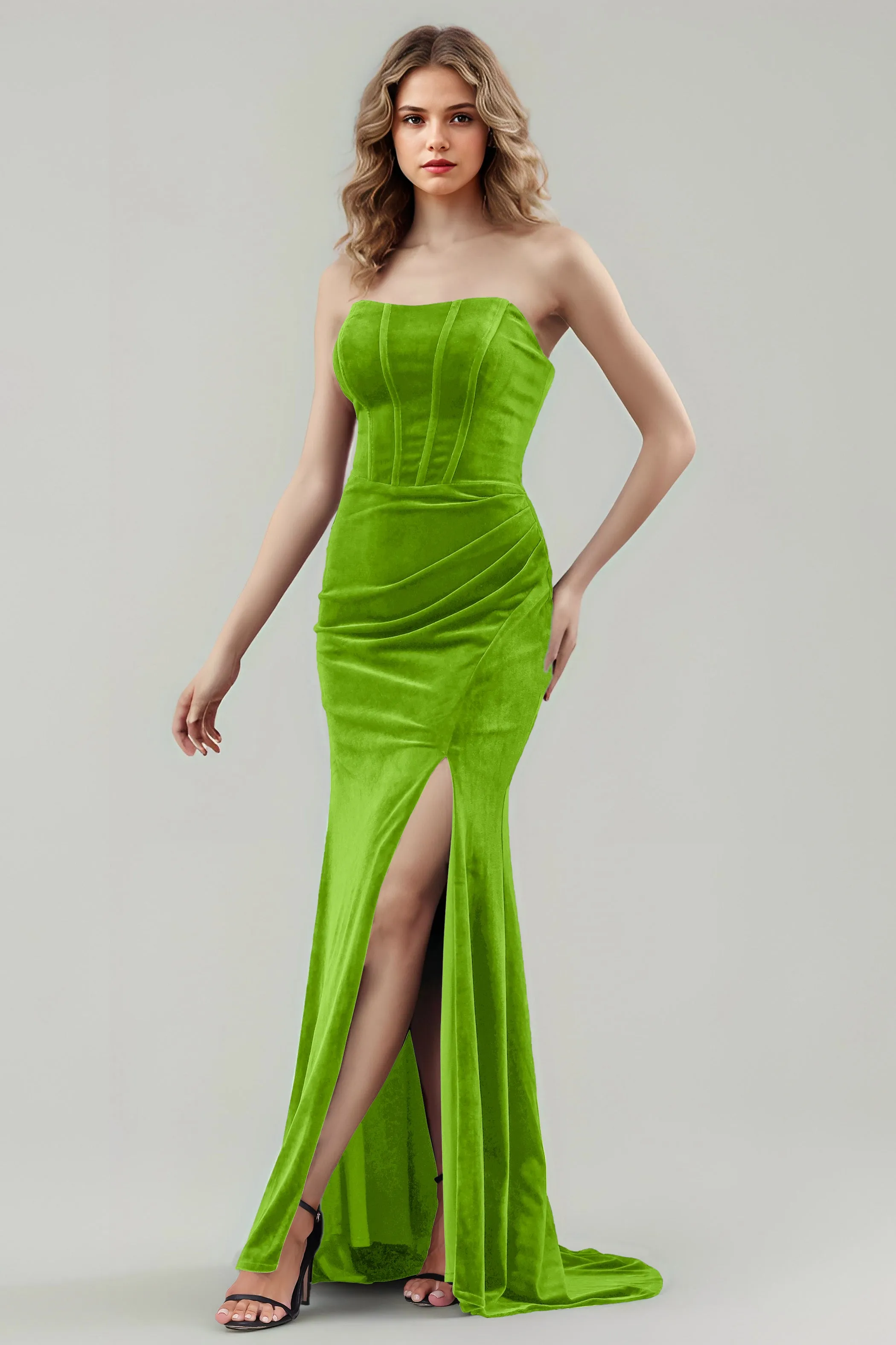 Mermaid Strapless Sleeveless Ruched Velvet Bridesmaid Dresses with Slit