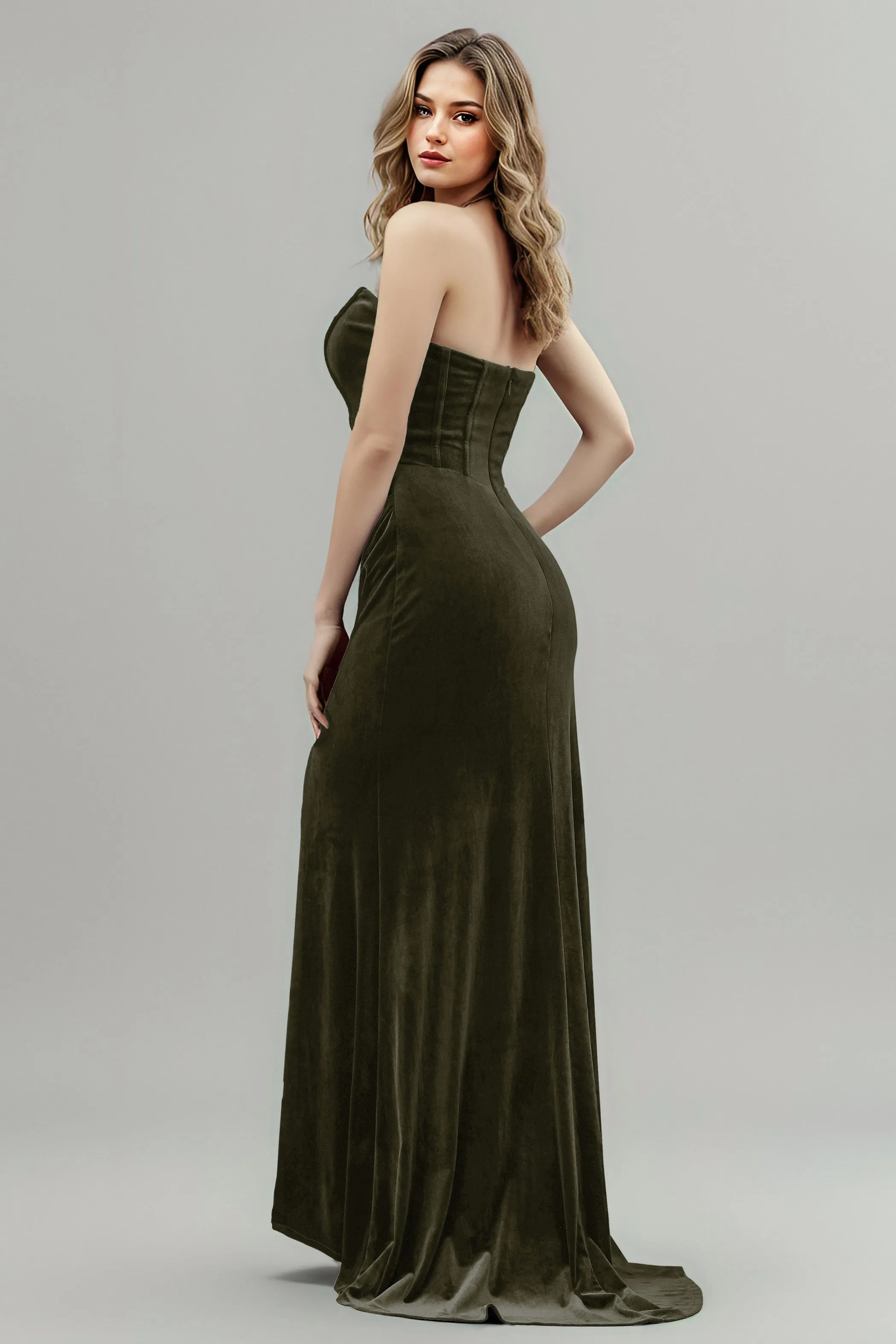 Mermaid Strapless Sleeveless Ruched Velvet Bridesmaid Dresses with Slit