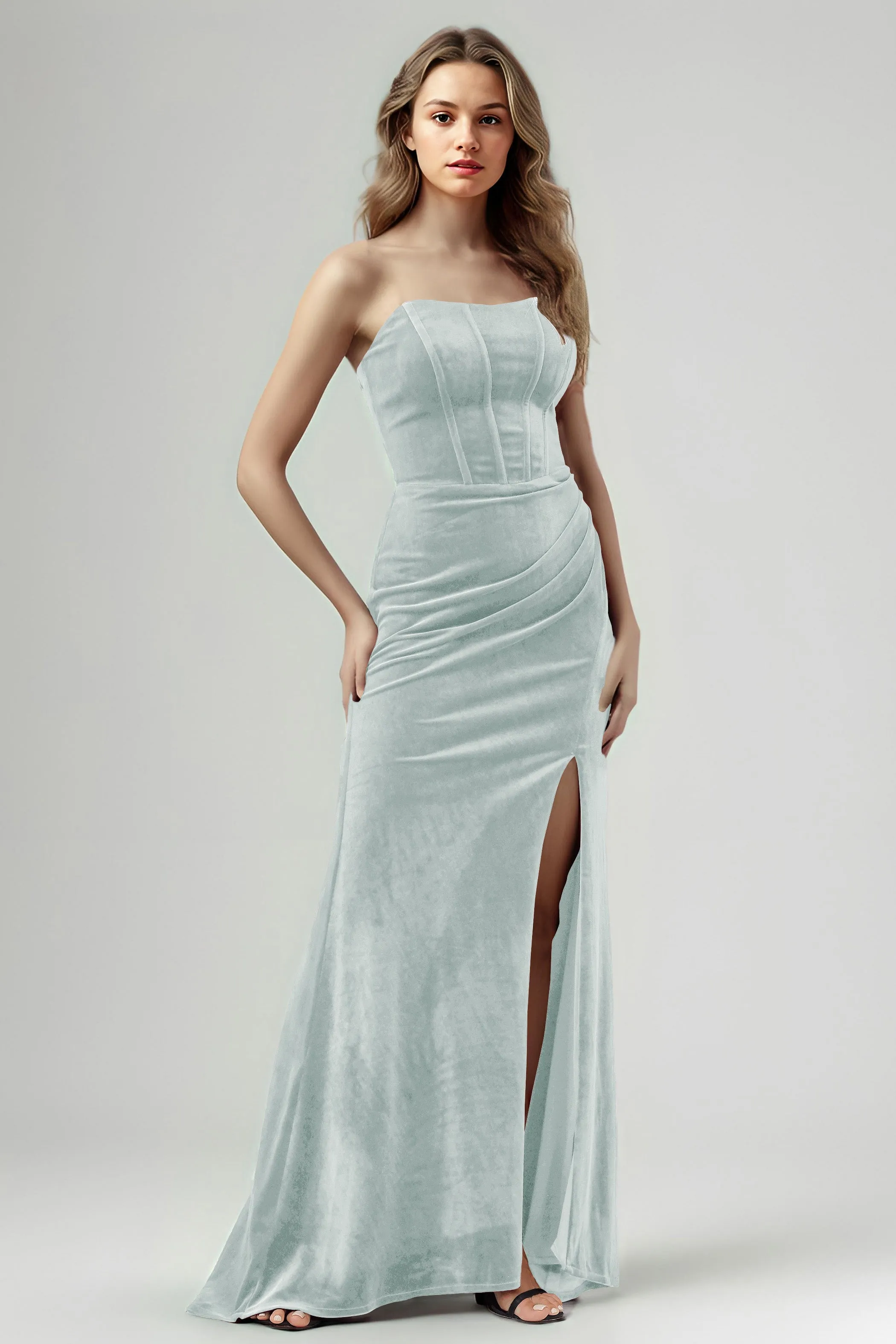 Mermaid Strapless Sleeveless Ruched Velvet Bridesmaid Dresses with Slit