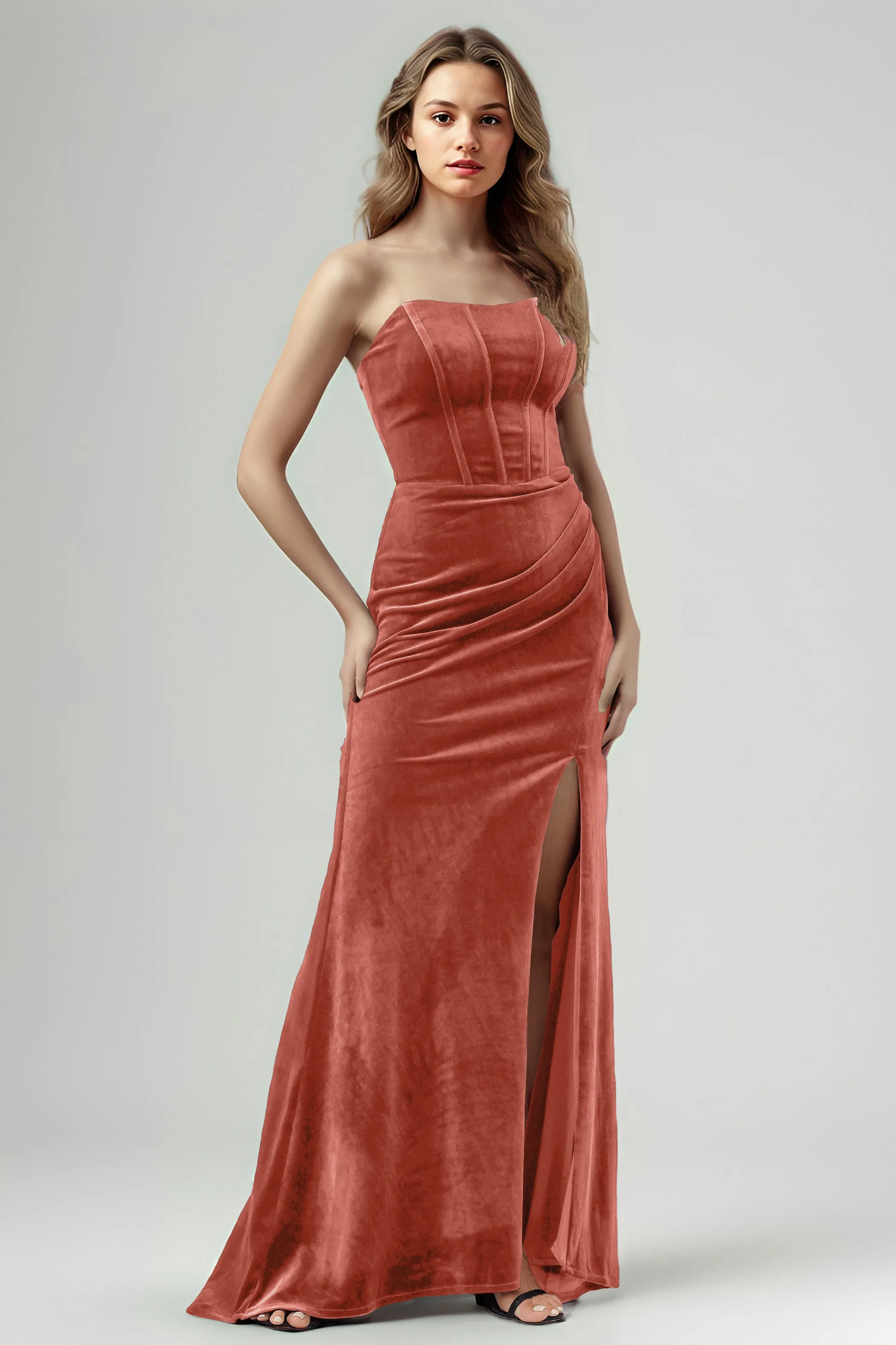 Mermaid Strapless Sleeveless Ruched Velvet Bridesmaid Dresses with Slit