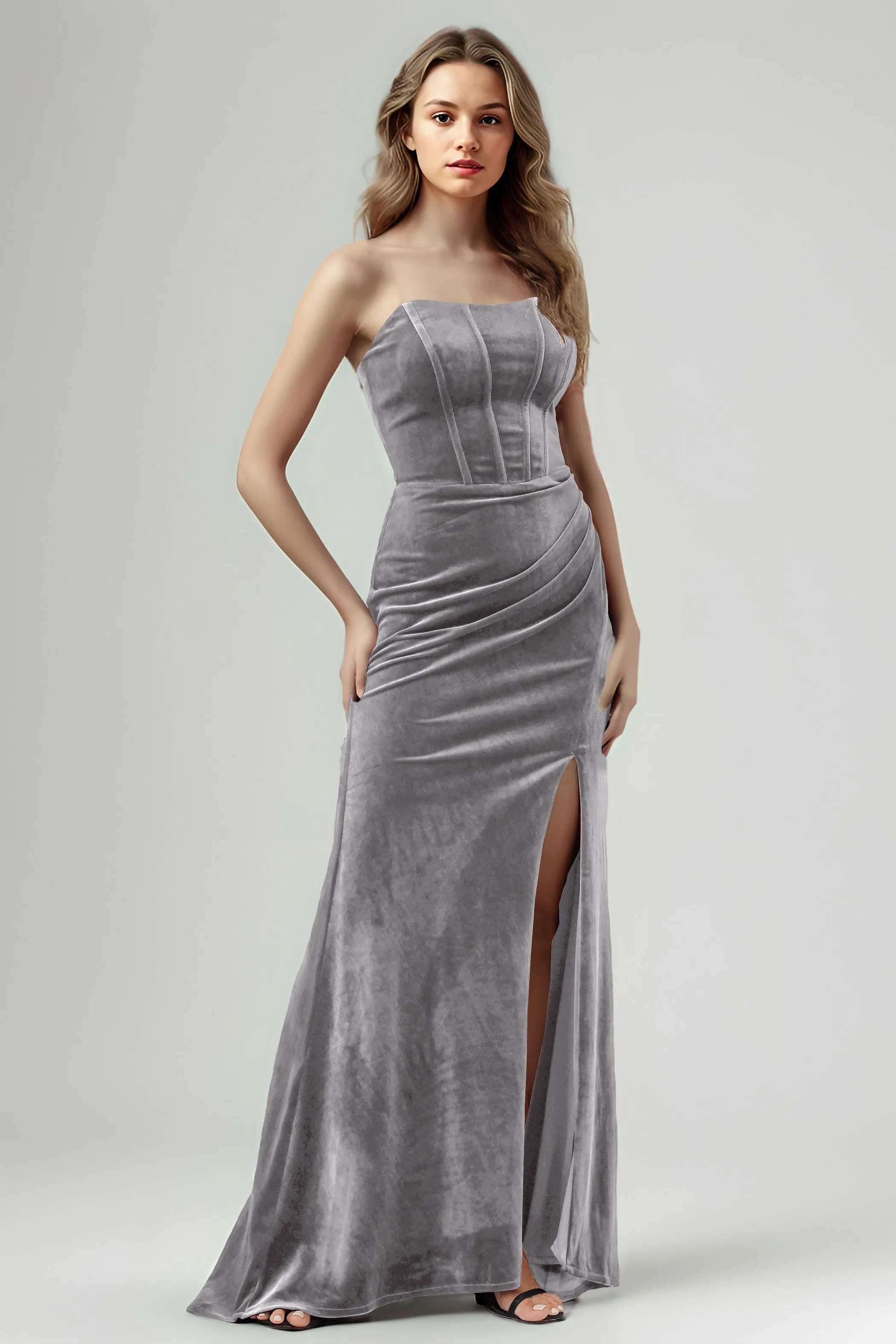 Mermaid Strapless Sleeveless Ruched Velvet Bridesmaid Dresses with Slit