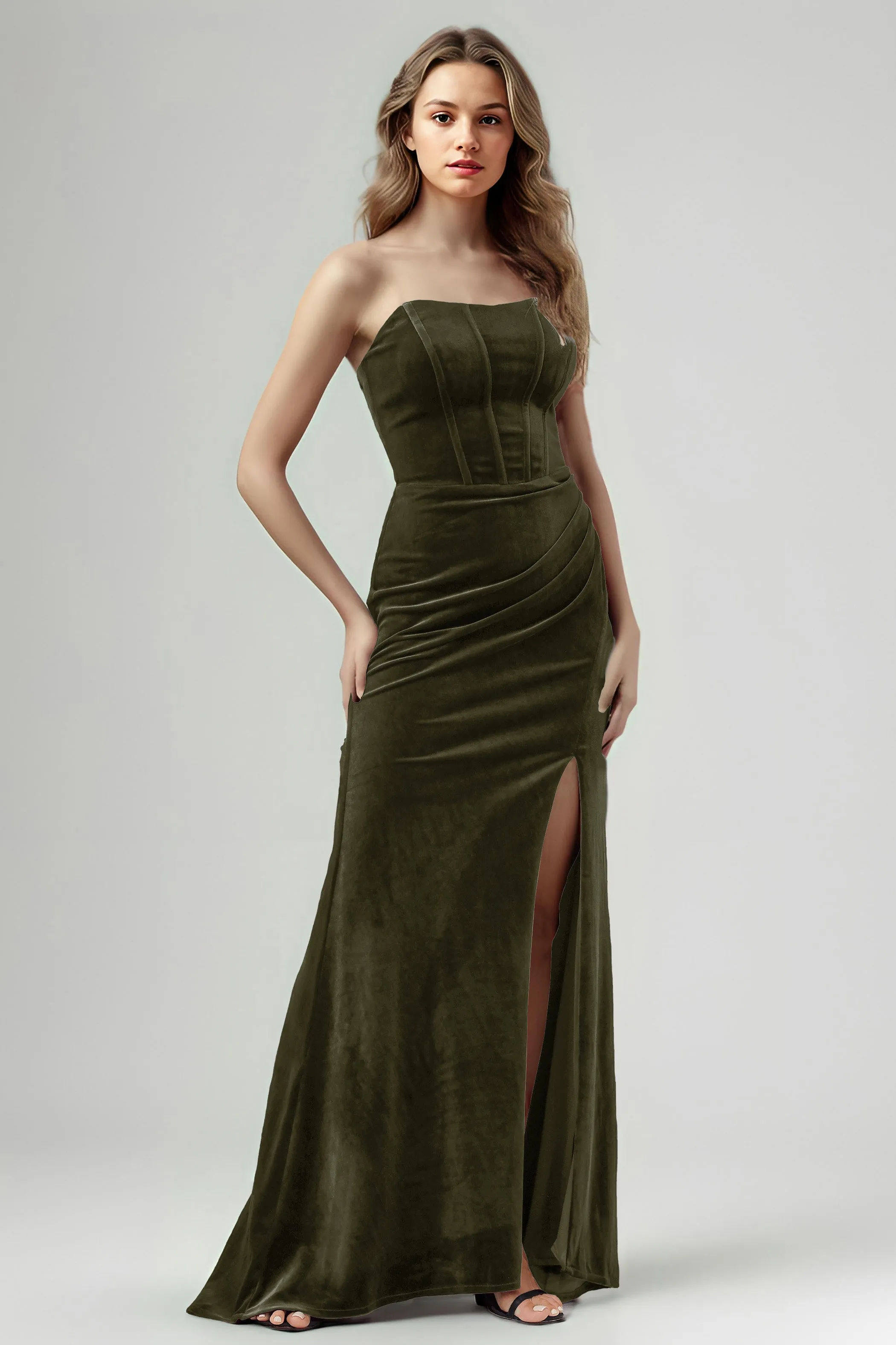 Mermaid Strapless Sleeveless Ruched Velvet Bridesmaid Dresses with Slit