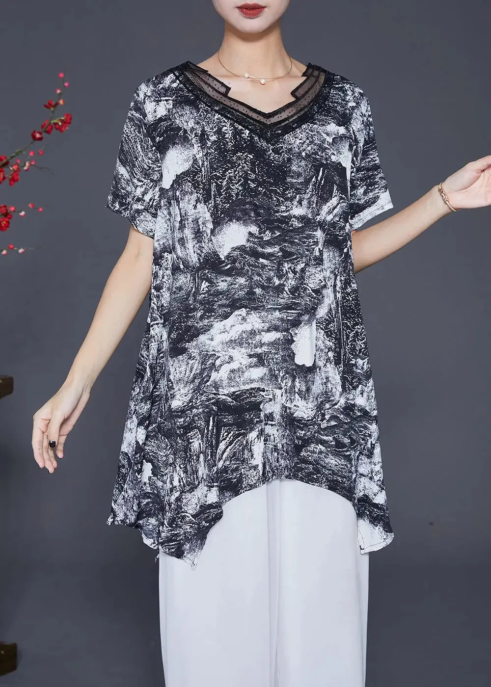 Natural Black Asymmetrical Tie Dye Chiffon Shirt Tops Summer ML0322