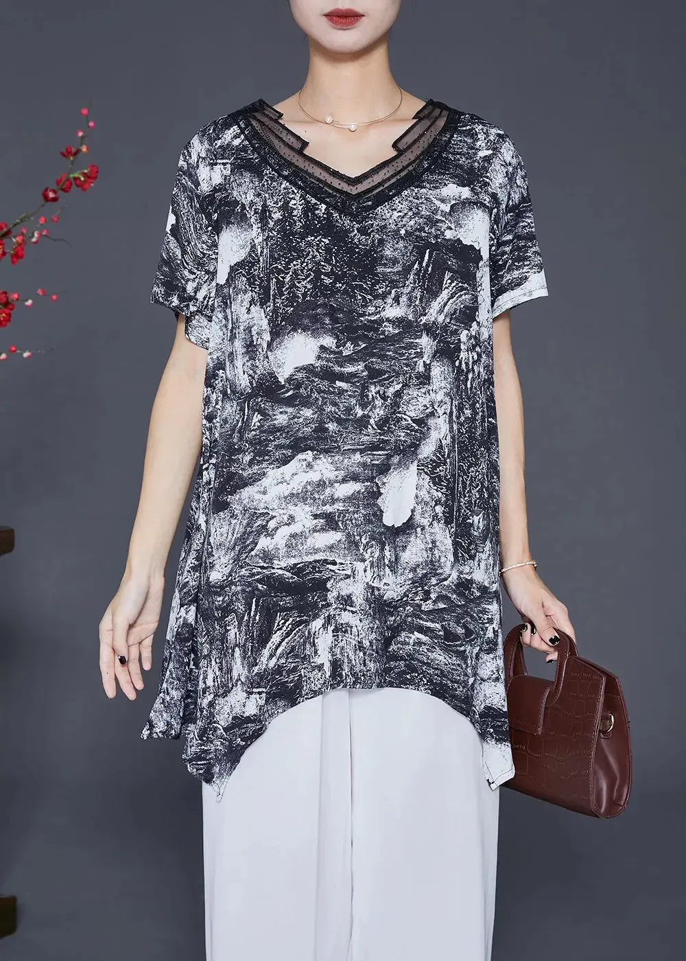 Natural Black Asymmetrical Tie Dye Chiffon Shirt Tops Summer ML0322