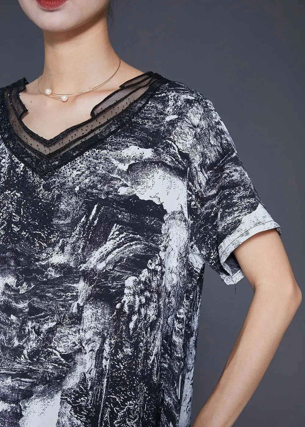 Natural Black Asymmetrical Tie Dye Chiffon Shirt Tops Summer ML0322