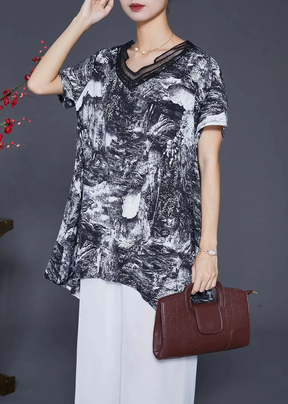 Natural Black Asymmetrical Tie Dye Chiffon Shirt Tops Summer ML0322