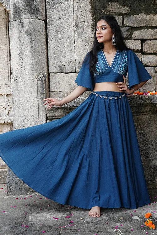 Okhai "Rasiya" Hand-Embroidery and Mirrorwork Blue Pure Cotton Blouse