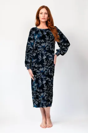 Phoebe Gold Leaf Blue Velvet Maxi Dress