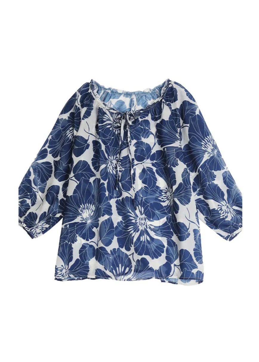 Plus Size Blue Ruffled Lace Up Print Chiffon Shirt Tops Summer AP054