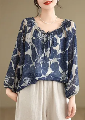 Plus Size Blue Ruffled Lace Up Print Chiffon Shirt Tops Summer AP054