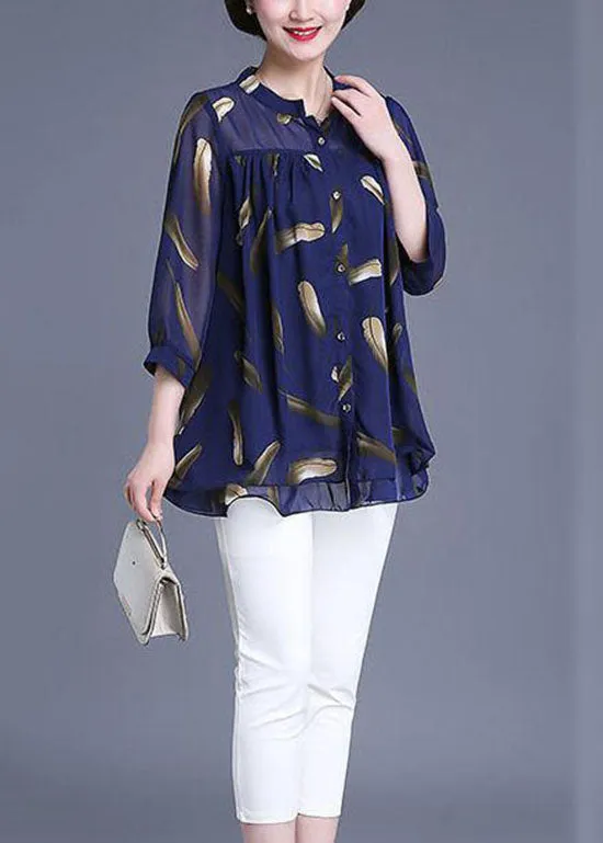 Plus Size Navy Print Wrinkled Patchwork Chiffon Blouse Tops Summer TQ1007