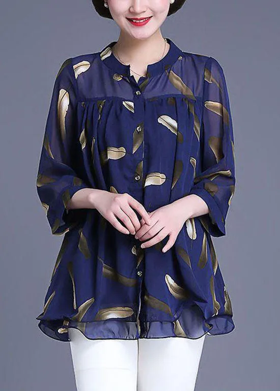 Plus Size Navy Print Wrinkled Patchwork Chiffon Blouse Tops Summer TQ1007