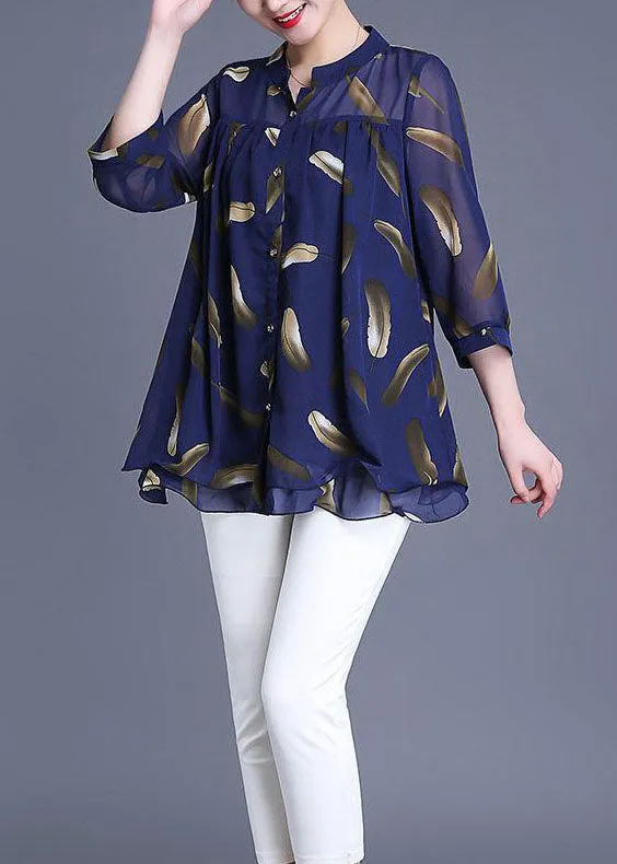 Plus Size Navy Print Wrinkled Patchwork Chiffon Blouse Tops Summer TQ1007