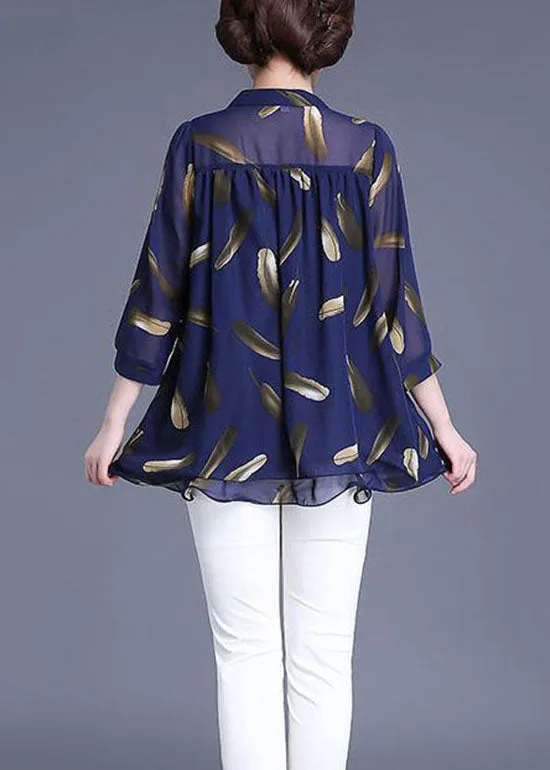 Plus Size Navy Print Wrinkled Patchwork Chiffon Blouse Tops Summer TQ1007