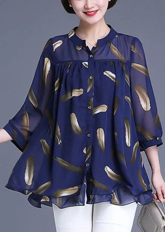 Plus Size Navy Print Wrinkled Patchwork Chiffon Blouse Tops Summer TQ1007