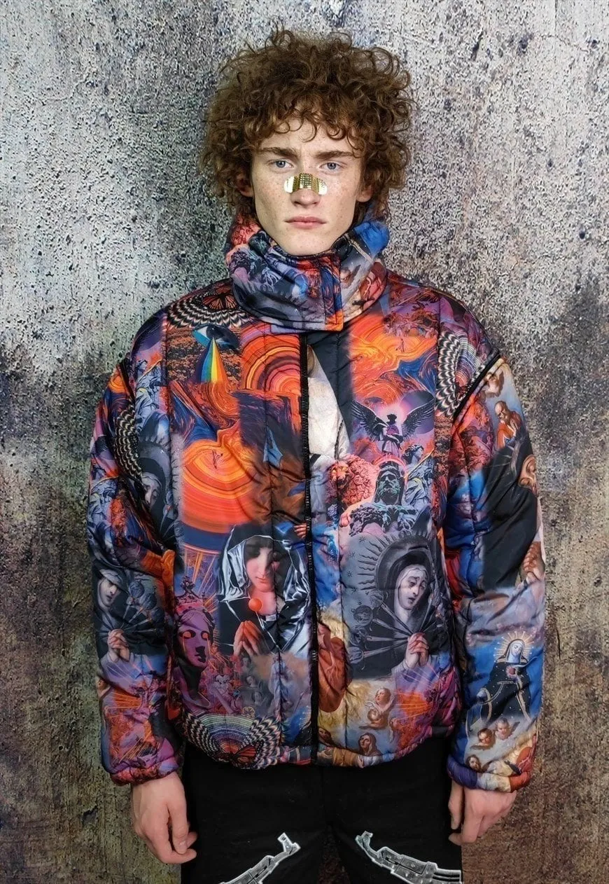 Psychedelic bomber jacket detachable raver puffer in rainbow