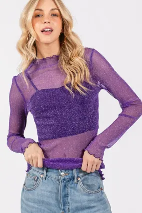 Purple Metallic Mesh Long Sleeve Top