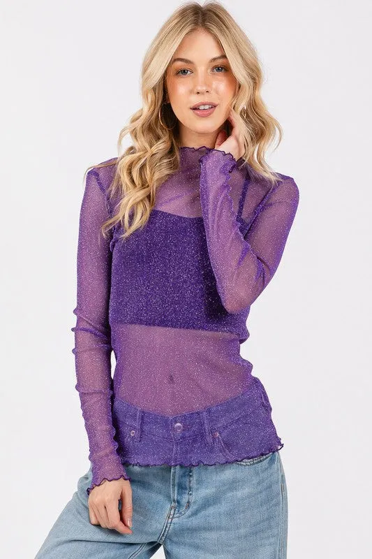 Purple Metallic Mesh Long Sleeve Top