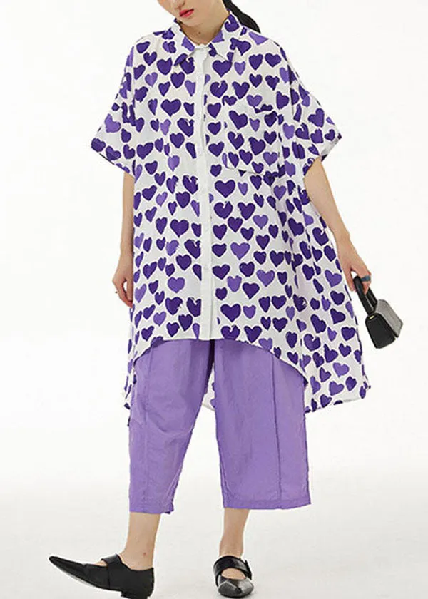 Purple Print Chiffon Shirt Tops Asymmetrical Design Summer LY1140