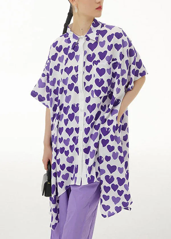 Purple Print Chiffon Shirt Tops Asymmetrical Design Summer LY1140