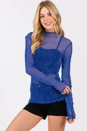 Royal Metallic Mesh Long Sleeve Top