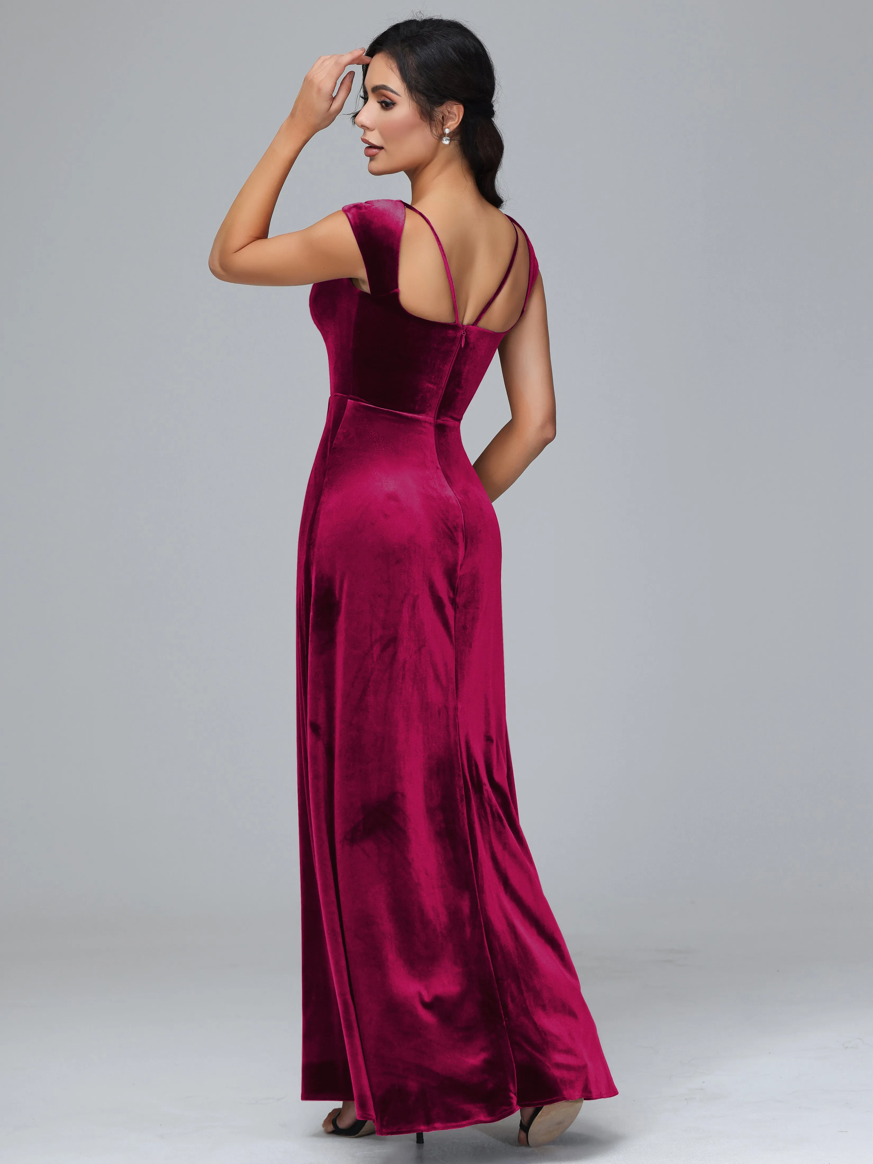 Scoop Neck Long Velvet Bridesmaid Dresses With Split